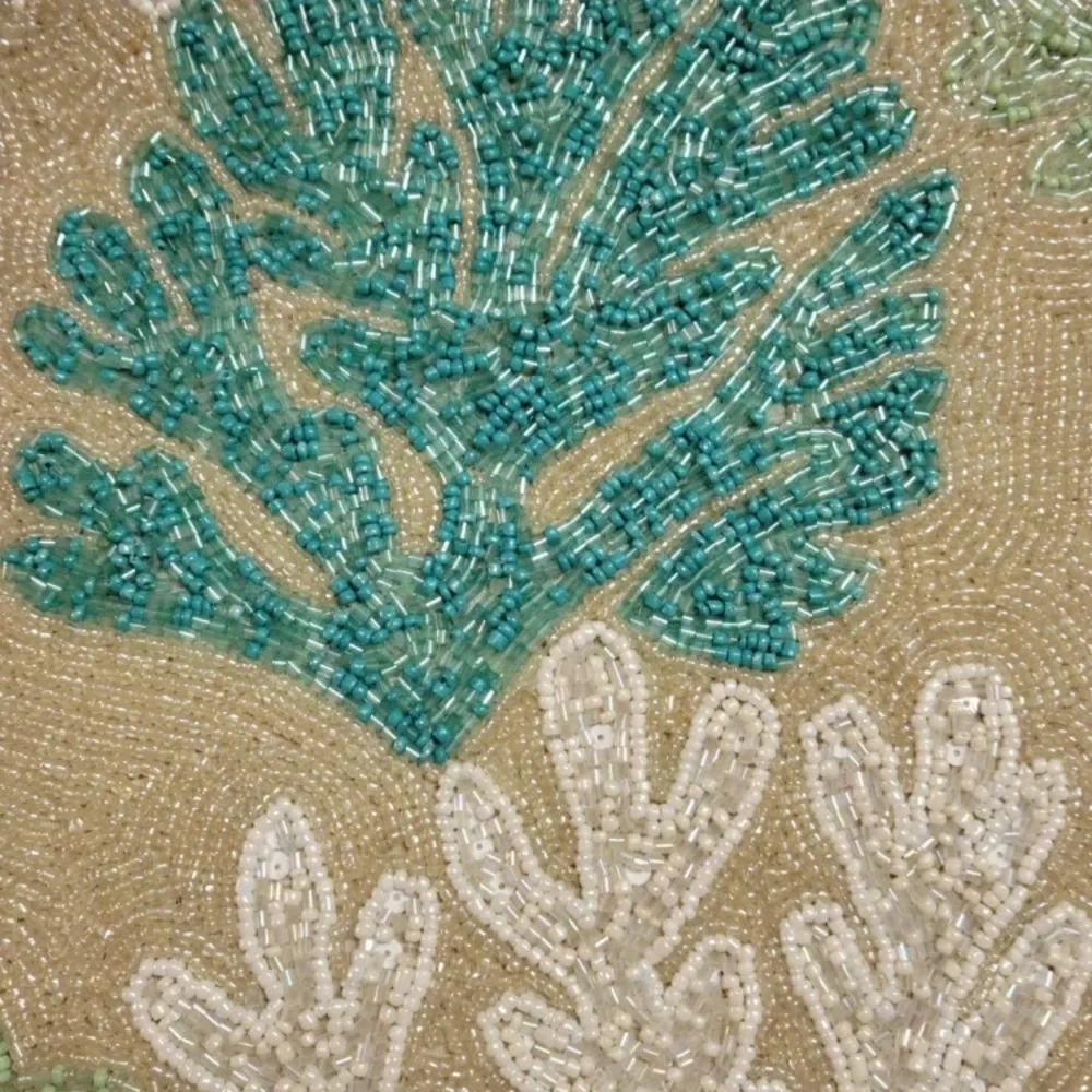 2x Coral Reef Beaded Placemat Coastal Round Centerpiece Charger Turquoise Cream